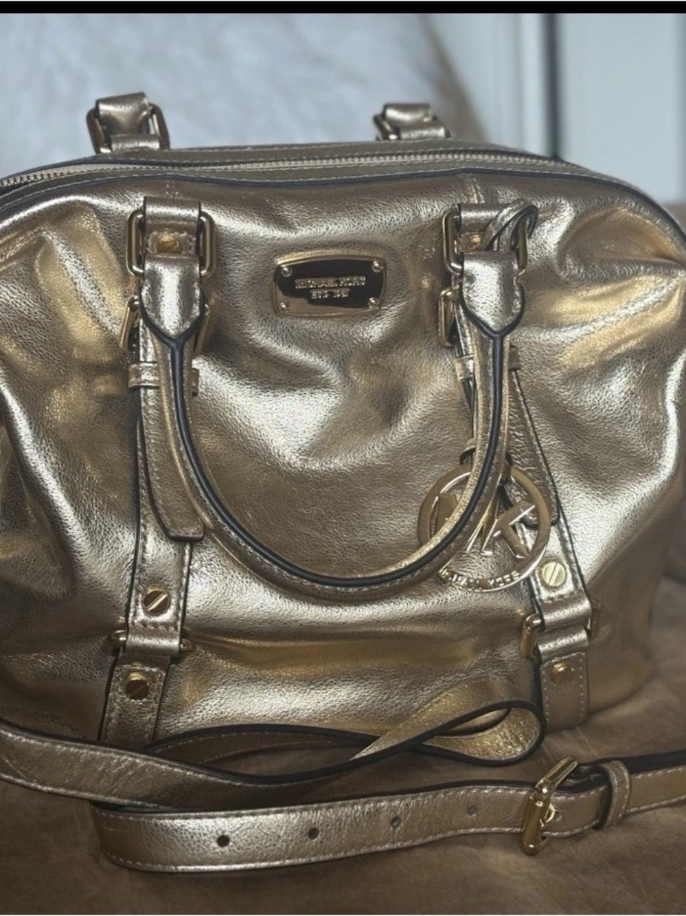 Michael Kors Metallic Gold Leather Satchel with MK Charm